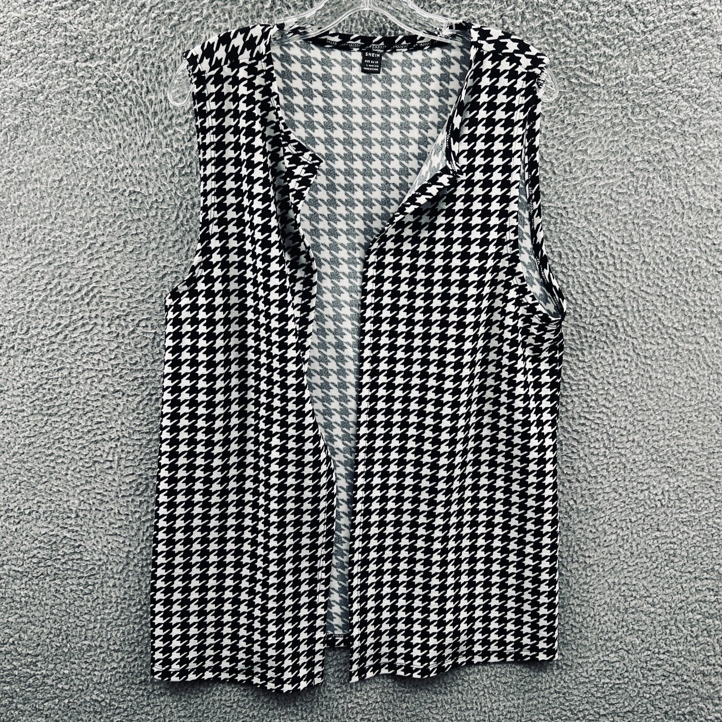 Womens Minimalist Layering Top L Houndstooth Open Front Sleeveless Casual Office